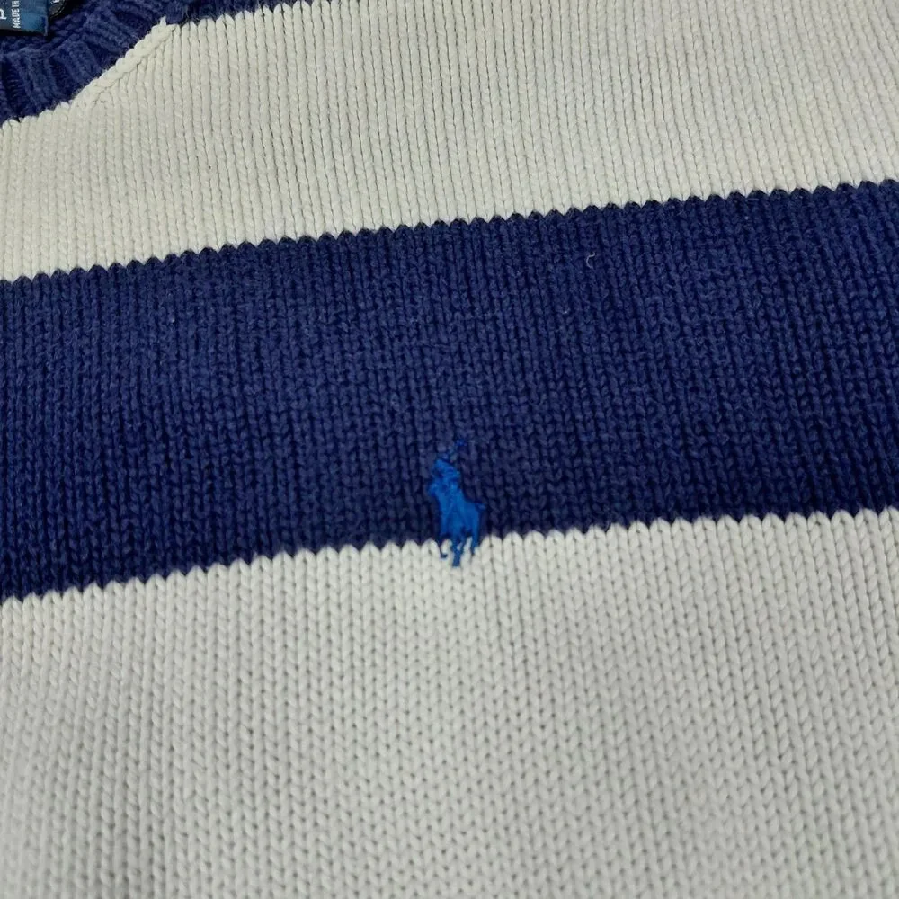 Vintage 90s Polo Ralph Lauren Sweater Mens Medium Blue White Stripe Chunky Knit